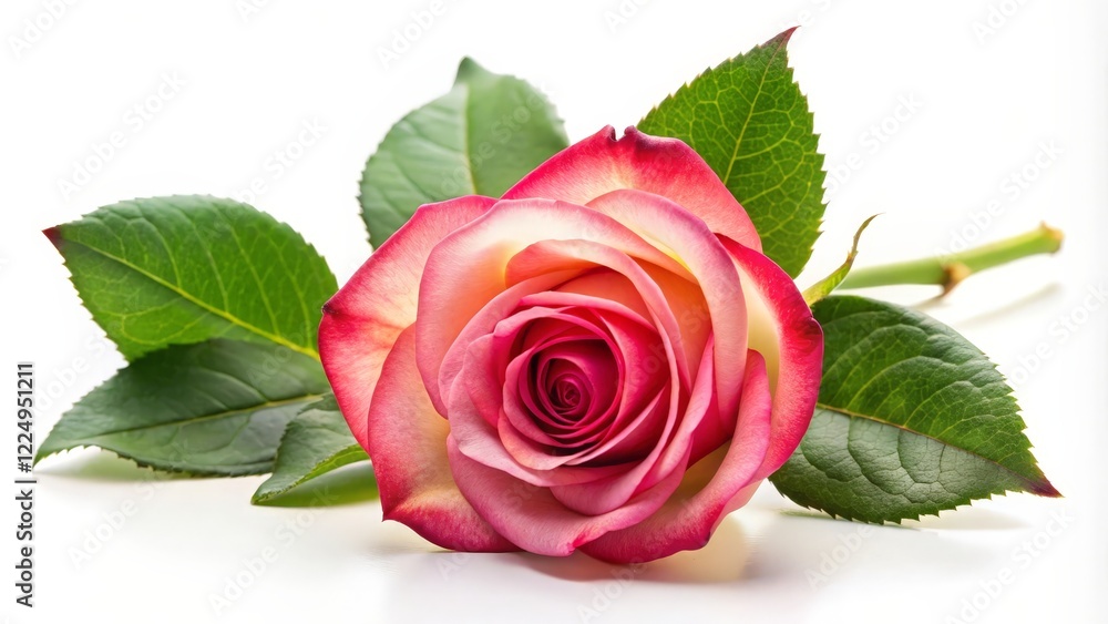 Fototapeta premium Single Pink and White Rose with Green Leaves