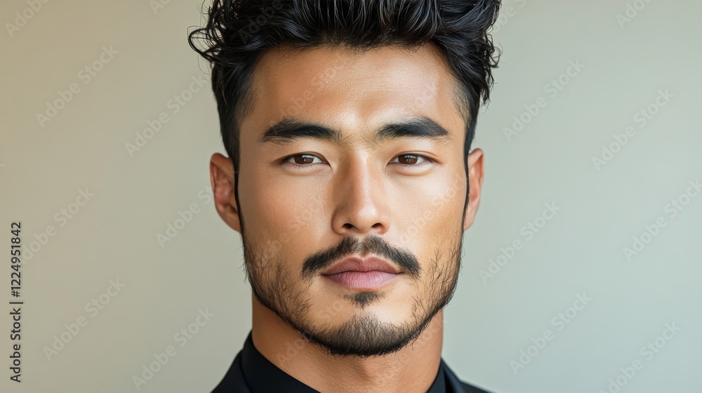 Fashion portrait of a stylish Korean man with dark wavy hair, strong jawline, and intense gaze in a black suit Fashion portrait of a stylish Korean man with dark wavy hair, strong jawline, and intense gaze in a black suit