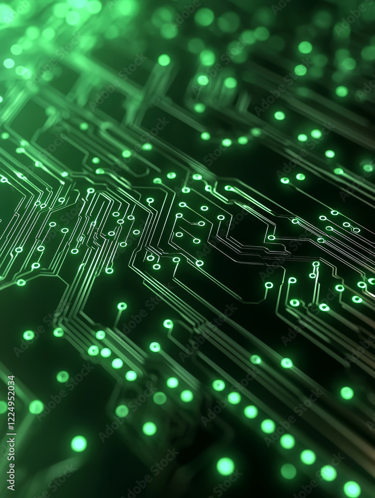 Glowing green circuit board, intricate pathways, technological detail. Glowing green circuit board, intricate pathways, technological detail.