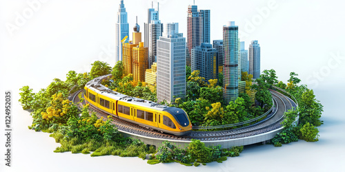 Cityscape model with yellow train circling lush green landscape.