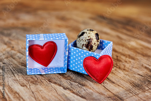 Elegant gift in the form of a quail egg in a blue gift box and two rat fabric hearts on a wooden background, the concept of the origin of life, love, ecology, selective focus photo