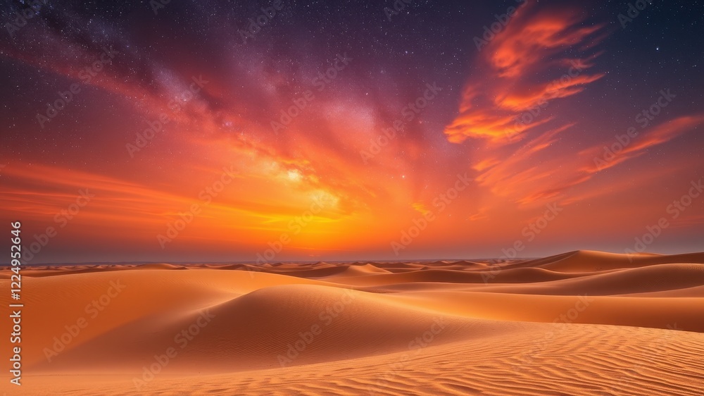 A stunning desert landscape at sunset, featuring golden dunes and a vibrant sky filled with colorful clouds. A stunning desert landscape at sunset, featuring golden dunes and a vibrant sky filled with colorful clouds.