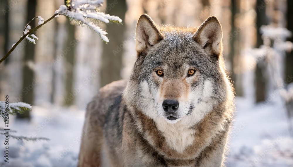 Fototapeta premium Eurasian wolf standing in snowy forest during winter