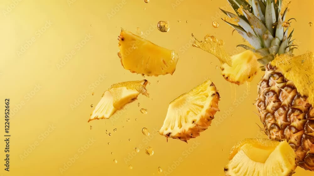 Ripe pineapple fruit and pineapple slices are levitating on a yellow background with pineapple juice splashing around them, creating a refreshing and tropical summer scene
