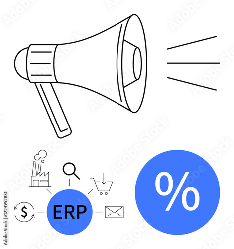 Megaphone emitting sound, surrounded by icons of factory, magnifying glass, shopping cart, dollar sign, envelope, percentage. Ideal for marketing, communication enterprise promotion sales