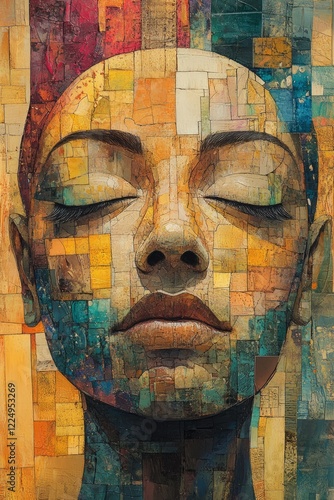 Serene mosaic portrait of a woman, eyes closed.