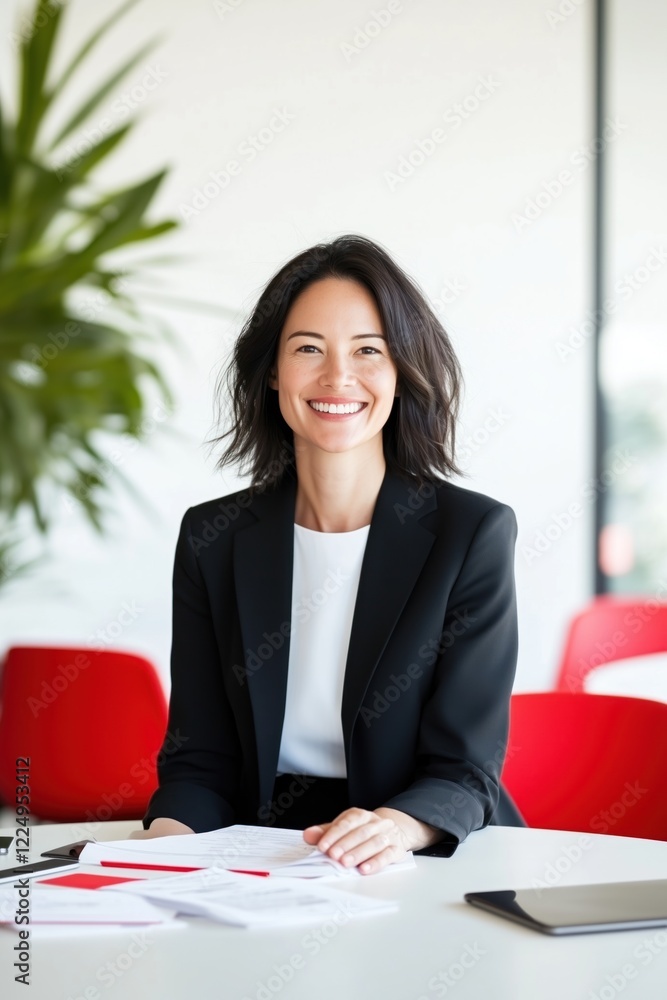 Confident professional woman smiling at desk in modern office setting Confident professional woman smiling at desk in modern office setting