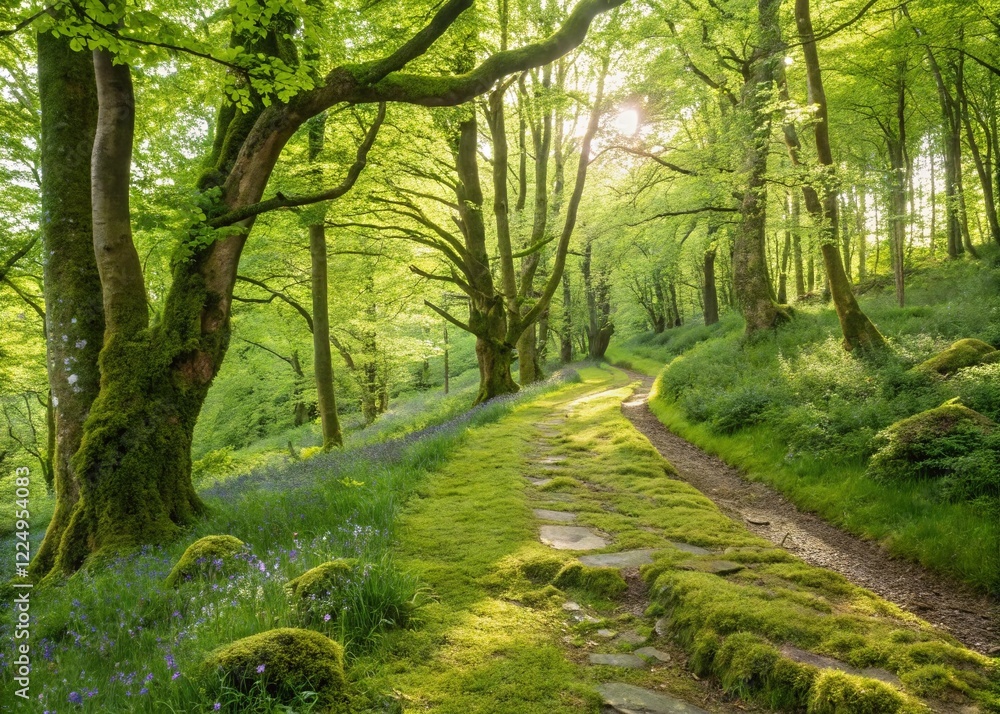 Naklejka premium Spring Woodland Path: Mossy Forest Trail with Lush Green Trees - Stock Photo