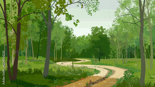Scenic forest path winding through green trees and grassy landscape in nature illustration