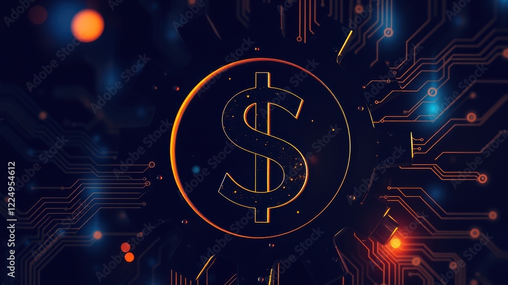 A glowing dollar symbol surrounded by abstract circuit patterns, representing finance and technology integration in a digital world. A glowing dollar symbol surrounded by abstract circuit patterns, representing finance and technology integration in a digital world.
