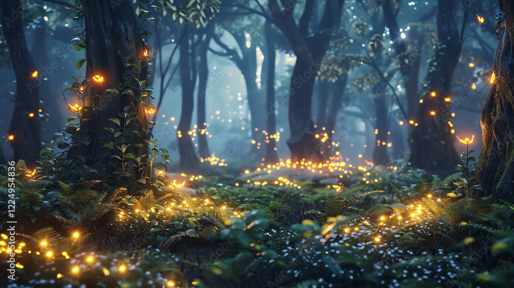 Naklejka premium A digitally rendered image of a magical forest at night, with trees adorned with glowing lights.