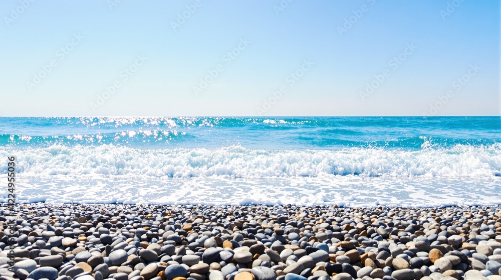 Blue ocean waves sparkle under the bright sun, gently crashing onto a pebble-covered shore. A peaceful summer beachscape concept. Ai generative Blue ocean waves sparkle under the bright sun, gently crashing onto a pebble-covered shore. A peaceful summer beachscape concept. Ai generative