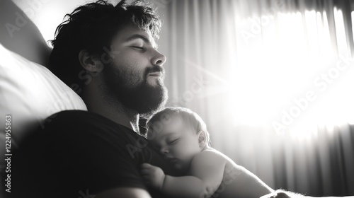 Father peacefully sleeping while holding his infant baby on a soft bed in natural light photo