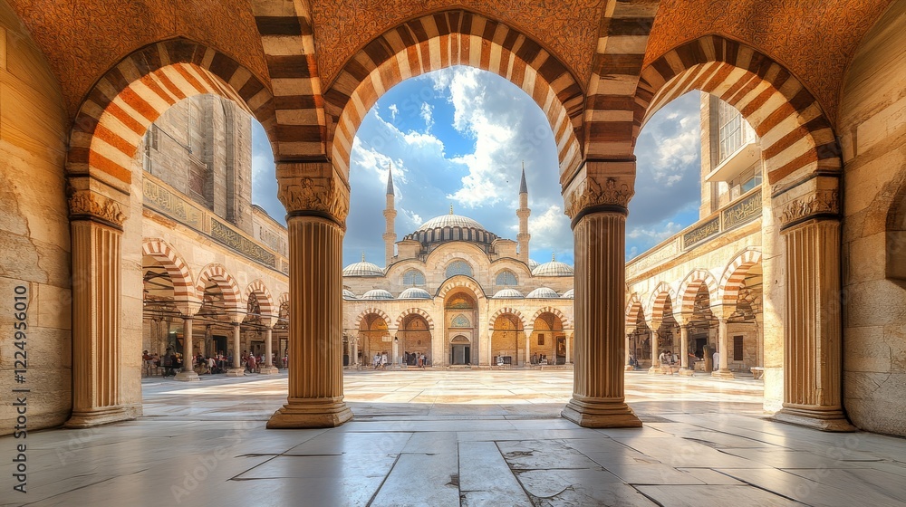 Obraz premium Courtyard of the Majestic Blue Mosque, Istanbul, Turkey A Glimpse of Islamic Architecture