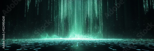 Digital rain cascading onto a glowing, coded surface.