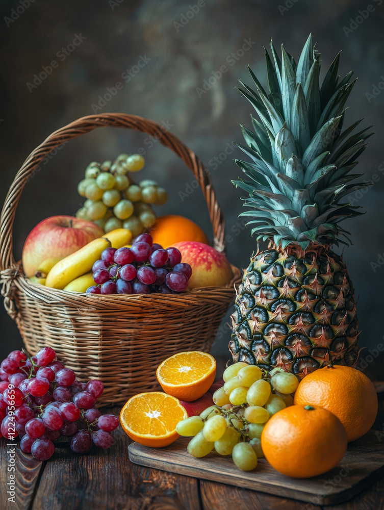 A wicker basket overflowing with assorted fruits, including a pineapple and oranges. A wicker basket overflowing with assorted fruits, including a pineapple and oranges.