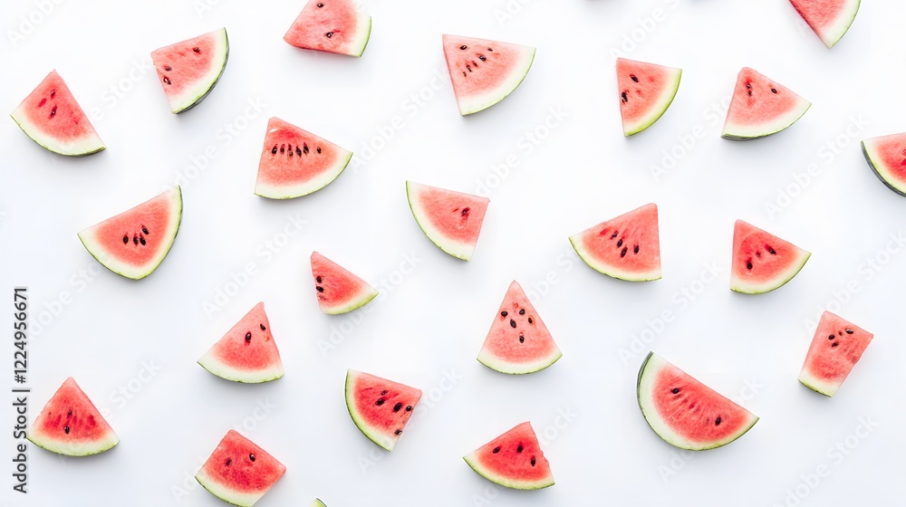 Fototapeta premium Refreshing watermelon slices arranged on a white background.