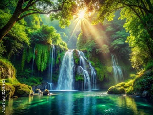 Stunning 3D Waterfall Forest Wallpaper: Sun Rays & Bokeh Effect