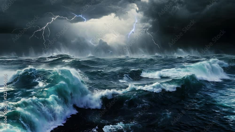 Dark stormy ocean waves crashing under a dramatic sky with lightning. High contrast, teal and dark blue water, grey clouds Dark stormy ocean waves crashing under a dramatic sky with lightning. High contrast, teal and dark blue water, grey clouds