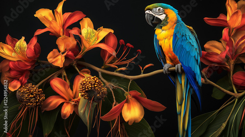 A landscape with a picture parrot with flowers against black background.