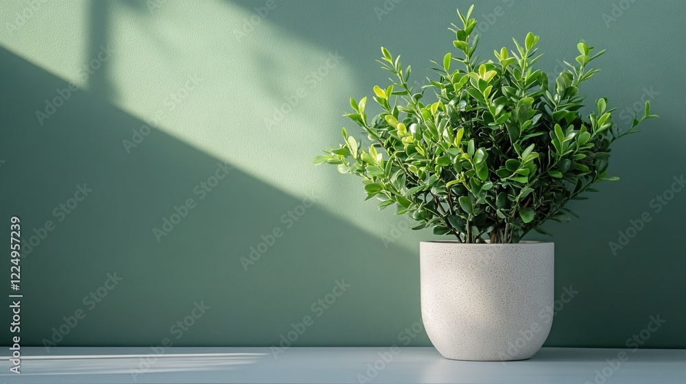 Green plant in a pot against a green wall with a diagonal shadow casting a natural light Green plant in a pot against a green wall with a diagonal shadow casting a natural light