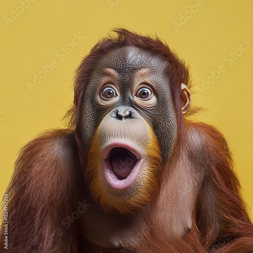 Orangutan shows surprise and amazement against a bright yellow background. Generative AI photo