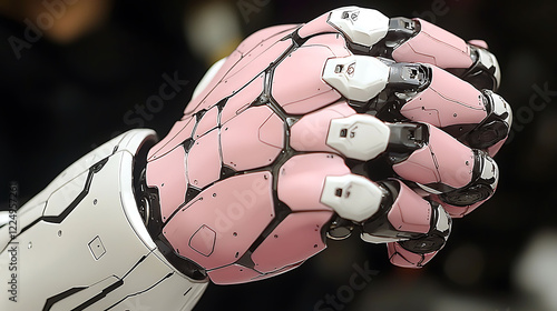 Closeup of a robotic hand, predominantly pink and white, with a sleek, futuristic design. The intricate detailing and metallic accents highlight the advanced technology. photo