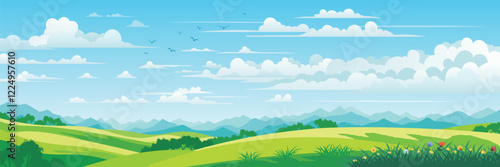 View of summer landscape, spring hills, green meadows and hills, bird flock, vector illustration