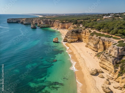 Stunning Algarve Coastline: Aerial Drone View of Praia da Marinha Beach, Lagoa, Portugal