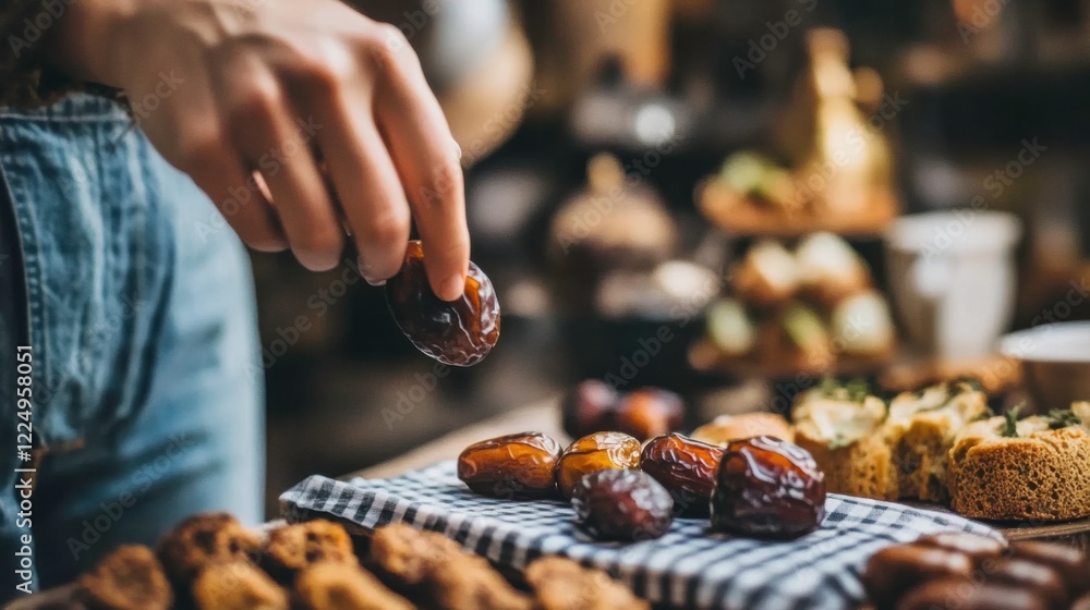 Fresh Dates in Hand at a Rustic Bakery Display with Treats Fresh Dates in Hand at a Rustic Bakery Display with Treats