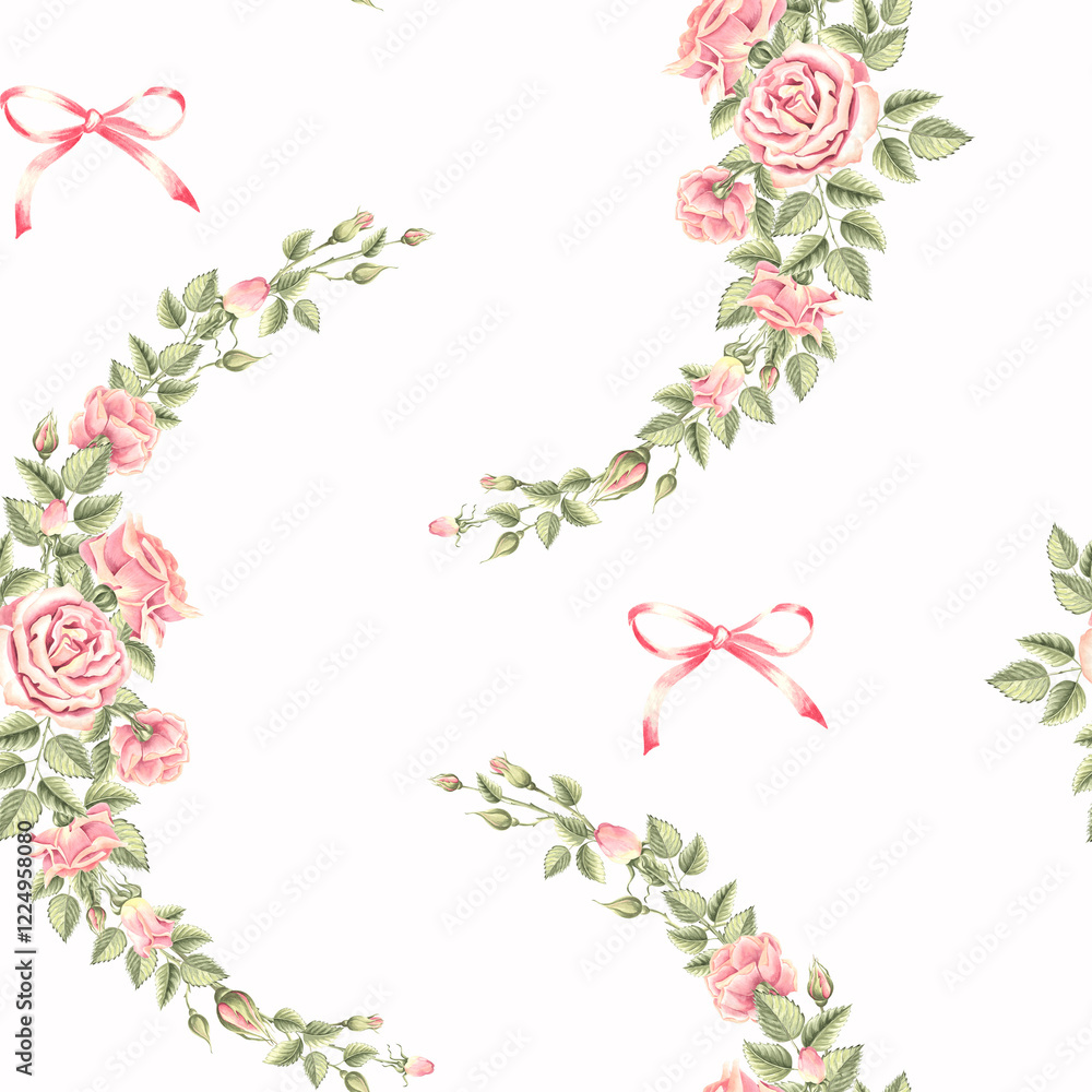 Fototapeta premium Flowers of roses with buds and leaves. Seamless pattern. Hand drawn watercolor illustration. Spring pink bloosom. Floral ornament from garden plants. Template for wallpaper, textile, packaging, cover.