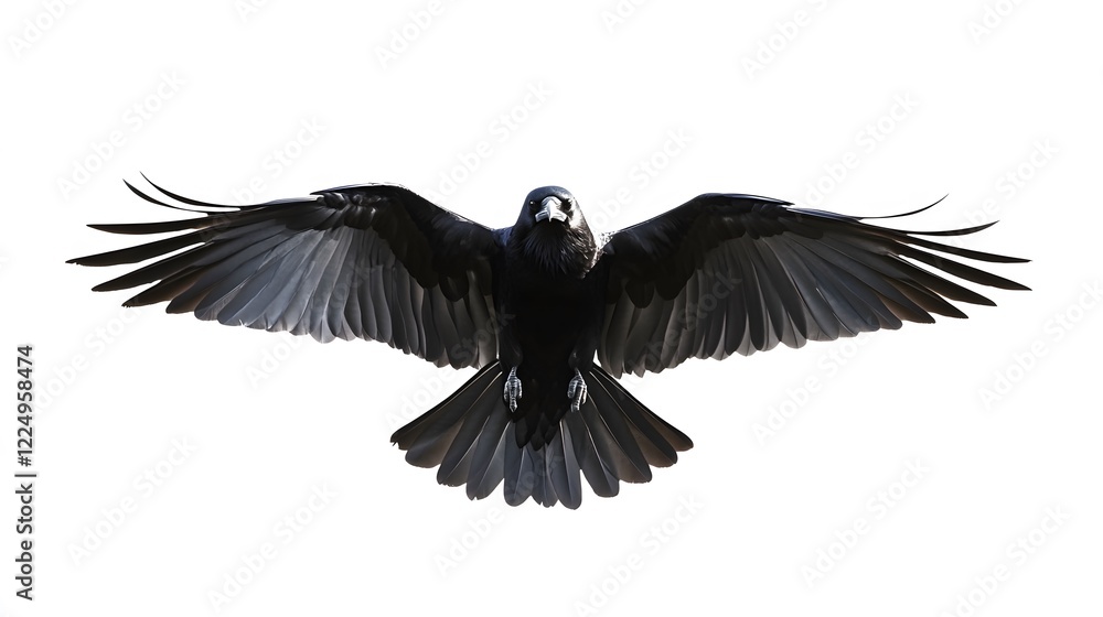 Fototapeta premium Majestic raven in flight, wings spread wide against a white background.