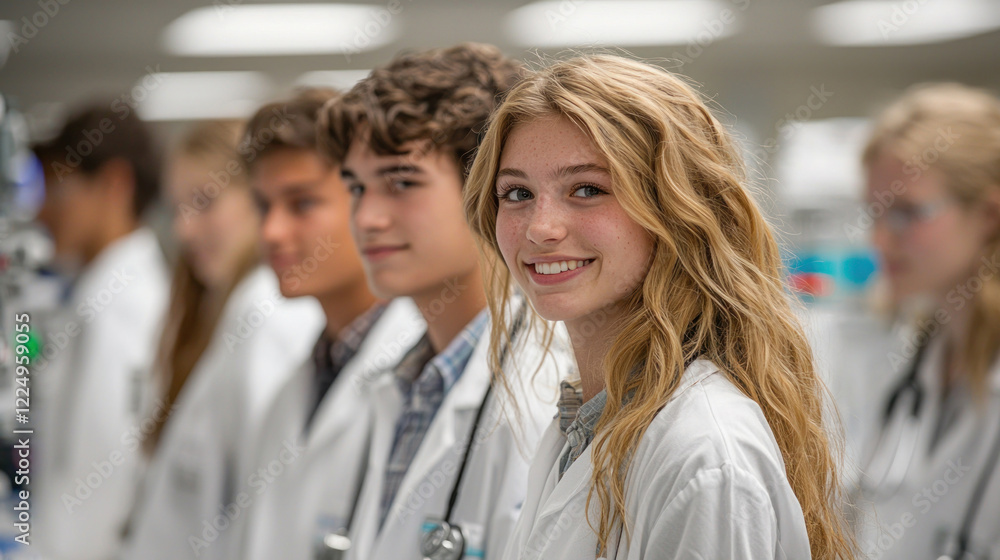 Group of medical students smiling in laboratory setting, portrait shot Group of medical students smiling in laboratory setting, portrait shot