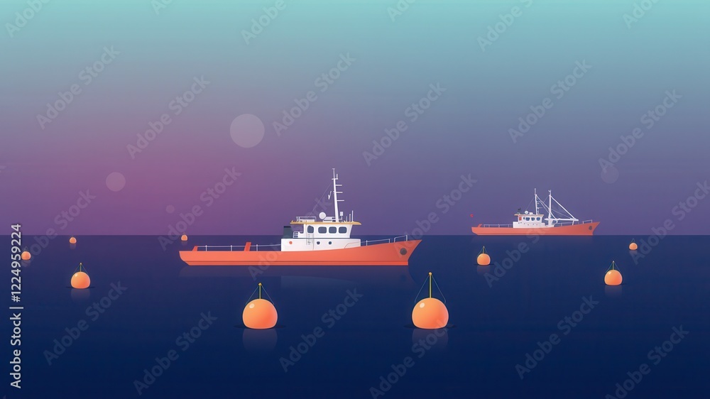 Obraz premium Two boats float serenely in calm waters, surrounded by orange buoys against a tranquil twilight sky.