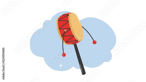 4K video Footage with Toy Wood Rattle Drum background Illustration. Video animated Cute Cartoon with Toy Wood Rattle Drum for Chinese New Year Day Decoration