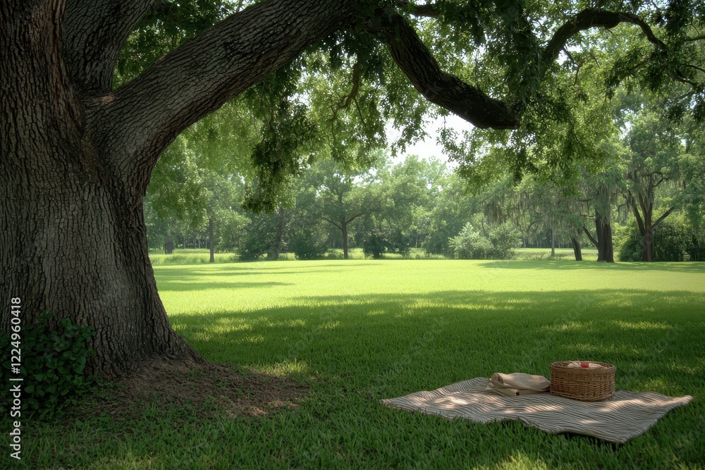 Obraz premium Peaceful Picnic Scene Under a Large Tree in a Lush Green Park with Sunshine and Calm Atmosphere