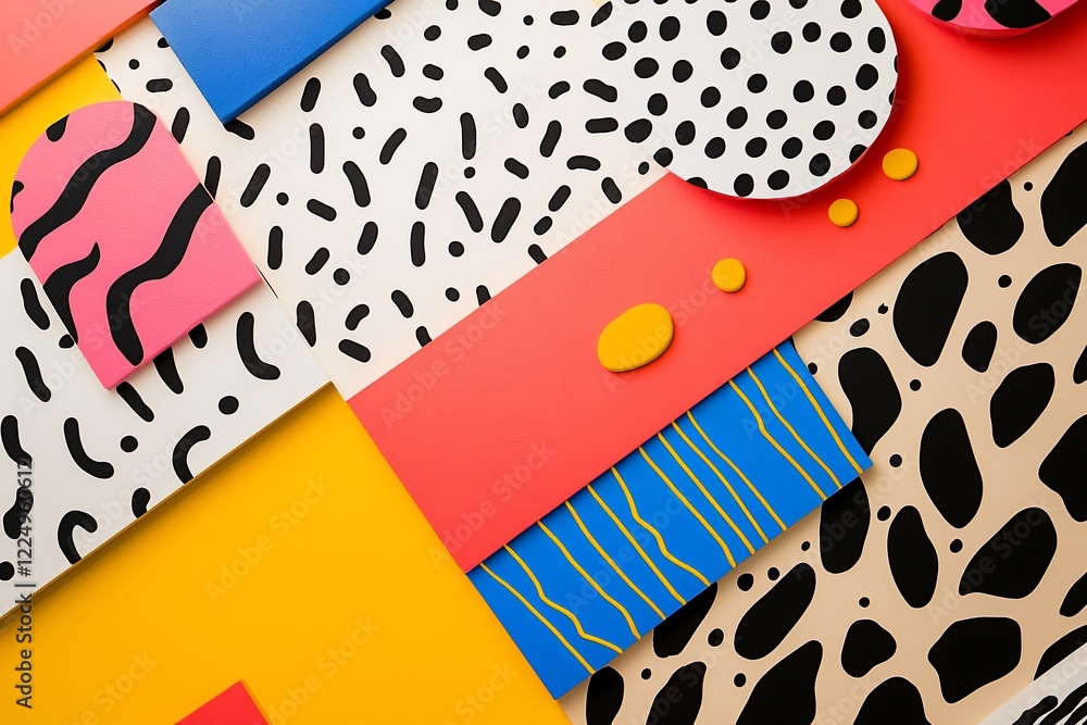 Colorful abstract composition featuring geometric shapes and patterns on a vibrant background Colorful abstract composition featuring geometric shapes and patterns on a vibrant background