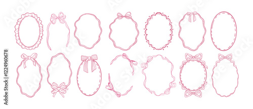 Cute ribbon frame set, vector hand drawn doodle border, pink bow line illustration, minimal design. Romantic wedding celebration decor, coquettish wavy oval banner. Vintage elegant lace ribbon frame