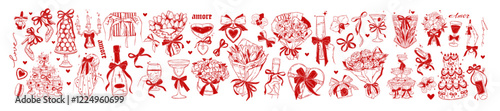 Coquettish wedding doodle set, vector hand drawn Valentine day line illustration, flower bouquet. Romantic engagement graphic, champagne tower, elegant wine glass ribbon bow. Wedding doodle collection