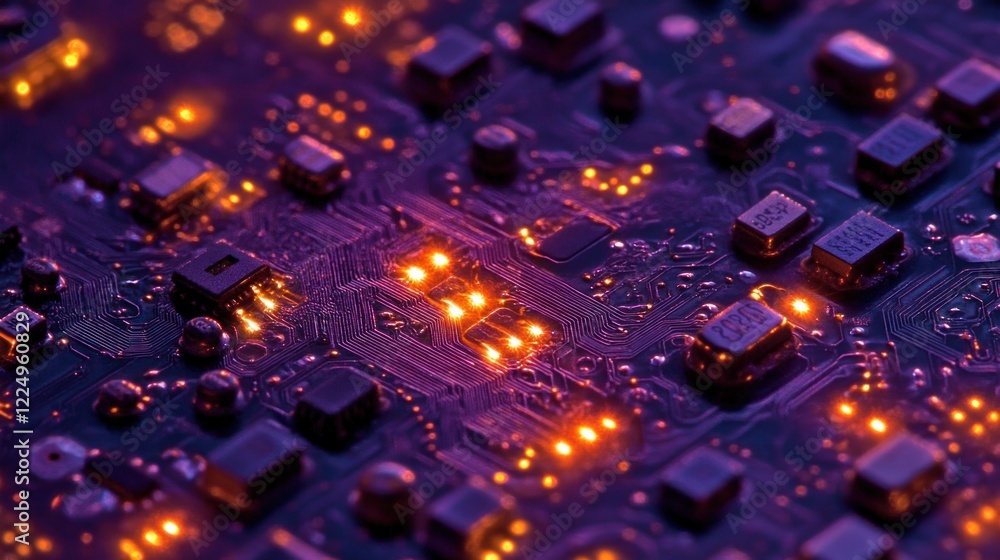 Fototapeta premium Close-up of illuminated circuit board components.