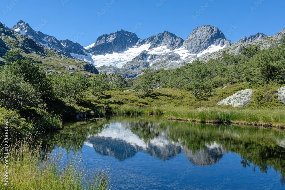 Stunning Mountain Landscape with Clear Reflections in Calm Water Under Bright Blue Sky Stunning Mountain Landscape with Clear Reflections in Calm Water Under Bright Blue Sky