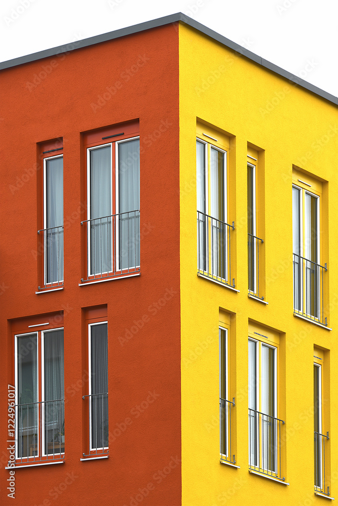 Fototapeta premium Part view of a modern facade with windowas and railings in lively colors