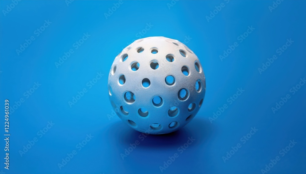 Vibrant 3D Spherical Abstract Artistry Against a Tranquil Blue Backdrop, Showcasing Interconnected Holes and Depth Perspective in an Innovative Geometric Sculpture. Vibrant 3D Spherical Abstract Artistry Against a Tranquil Blue Backdrop, Showcasing Interconnected Holes and Depth Perspective in an Innovative Geometric Sculpture.
