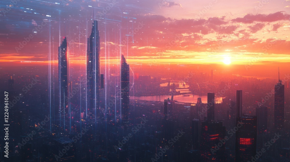 Fototapeta premium Futuristic city skyline at sunset with digital data streams.