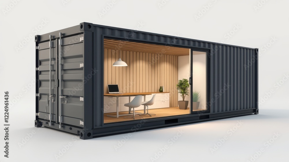 Fototapeta premium A modern shipping container transformed into a stylish office space, featuring a minimalist design with natural light and contemporary furnishings.