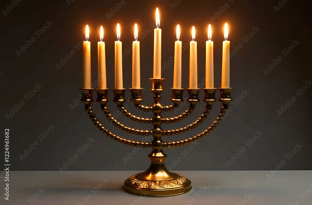 Hanukkah, Hanukkah golden Menorah candelabra with burning candles on a dark background. Selective focus, blurred background. Hanukkah, Hanukkah golden Menorah candelabra with burning candles on a dark background. Selective focus, blurred background.