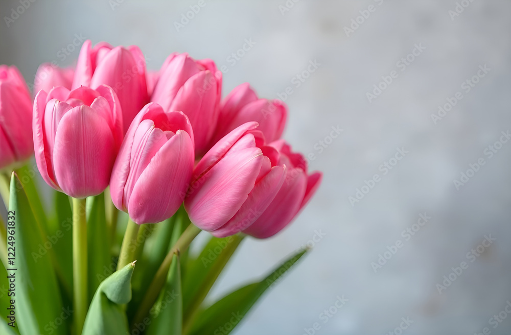 Obraz premium Beautiful bouquet of tulip flowers on light background, close up. Greeting for International Women's Day on March 8th. Selective focus, blurred background.