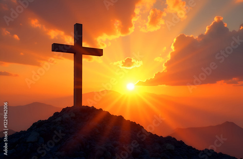 Religious cross illuminated illustration with golden glitter and side and natural landscape background. Blurred background, selective focus.