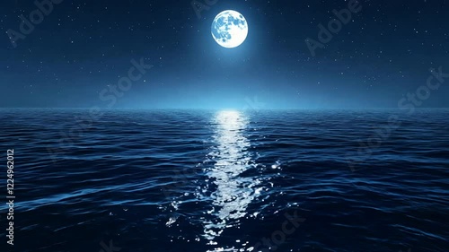 Serene nighttime seascape featuring a bright full moon reflecting on dark blue water under a starry sky
