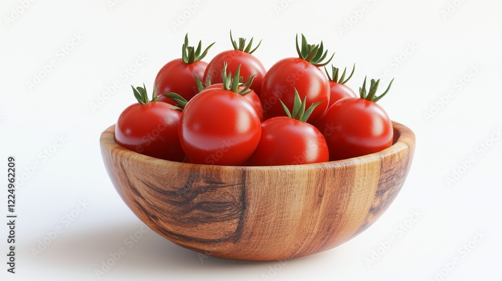 Rustic Wooden Bowl with Fresh Red Tomatoes in 3D Illustration Rustic Wooden Bowl with Fresh Red Tomatoes in 3D Illustration